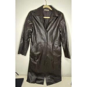 Anne Klein Women's Dark Brown Leather Trench Coat Classic Button Front Style 4P